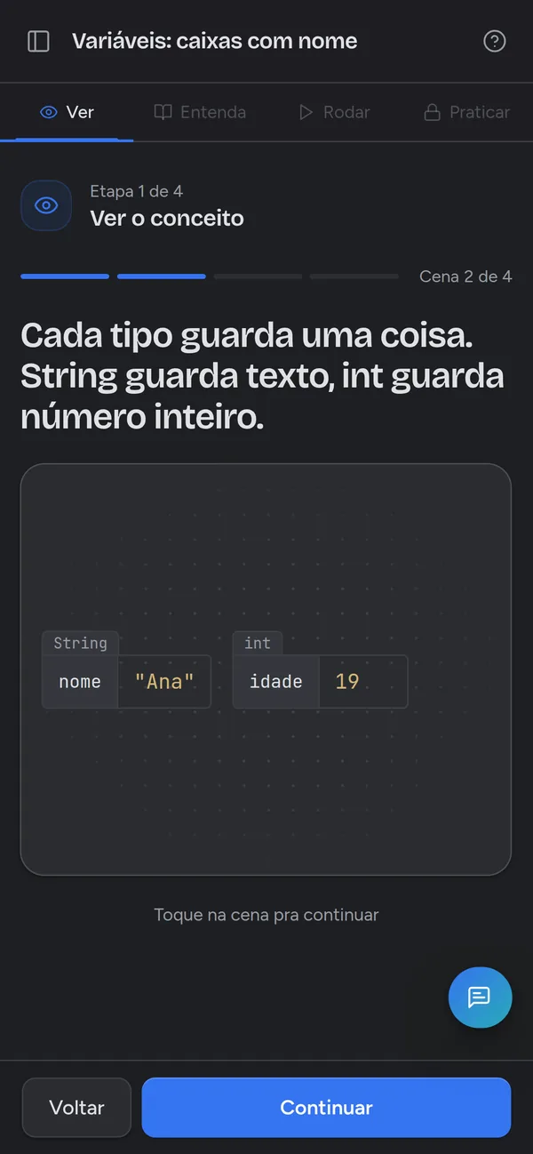 Lição 1.2, etapa Ver: a variável aparece como uma caixa com etiqueta, tipo e valor