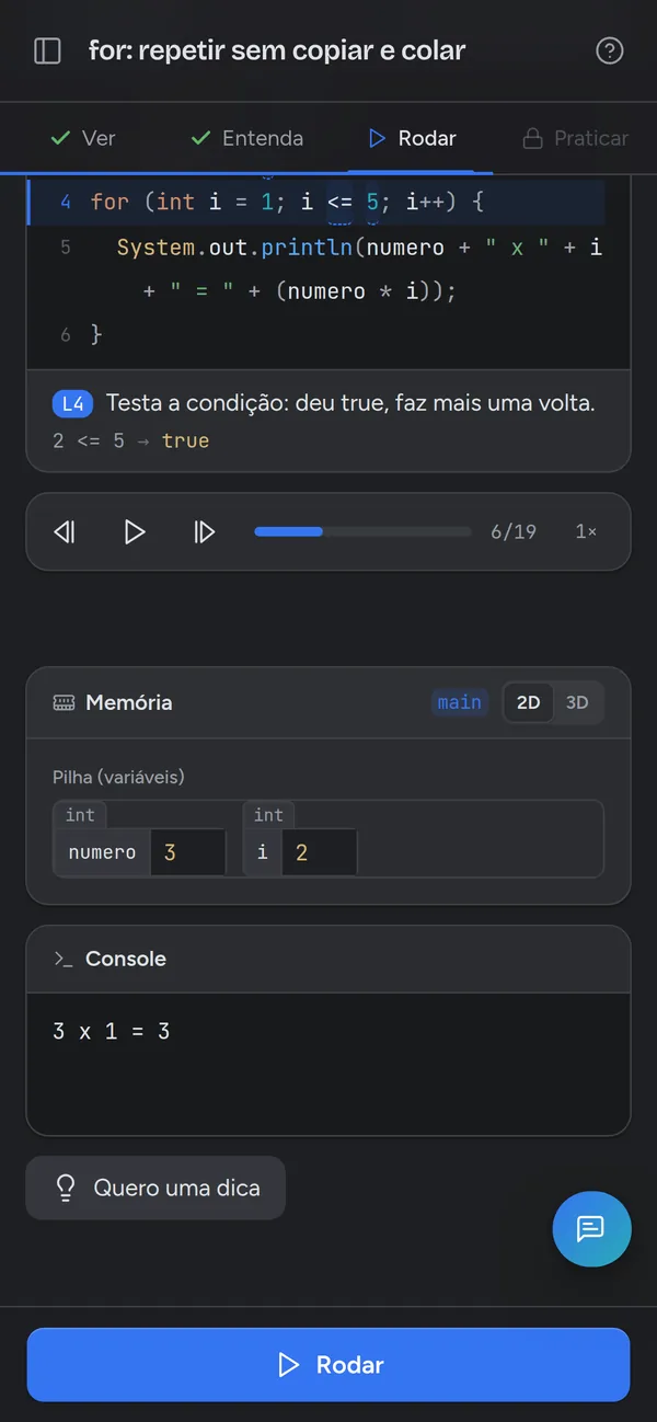 O app no celular: a tabuada rodando passo a passo, com a linha acesa, a memória e o console