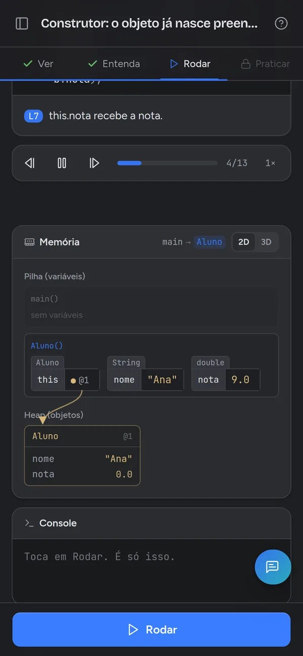 Memória do Java: a pilha e o objeto Aluno sendo criado no heap
