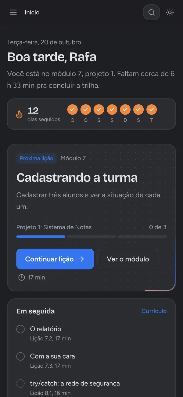 Tela inicial: 12 dias seguidos e a próxima lição
