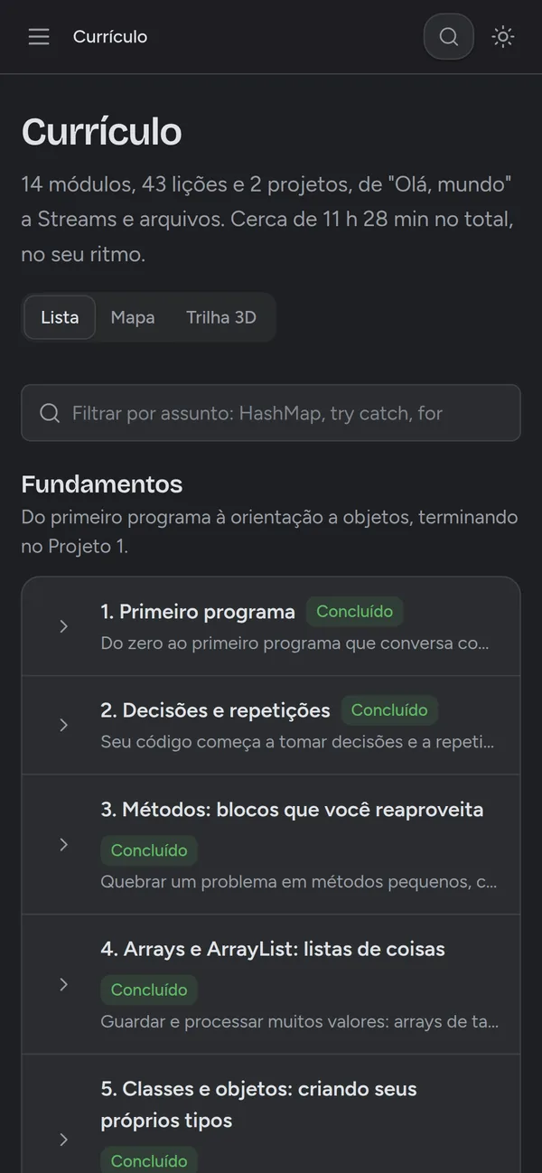 Currículo: os 14 módulos em ordem, com o que já foi concluído