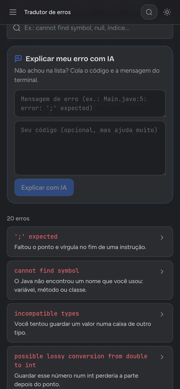 Tradutor de erros: os 20 erros mais comuns do Java em português