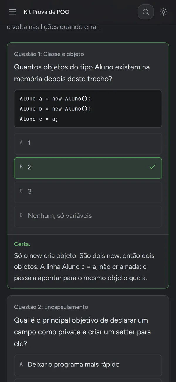 Kit Prova de POO: questão respondida com a explicação